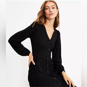 NWT LOFT Jersey V Neck Women’s Shirt Dress Button down A Line Black